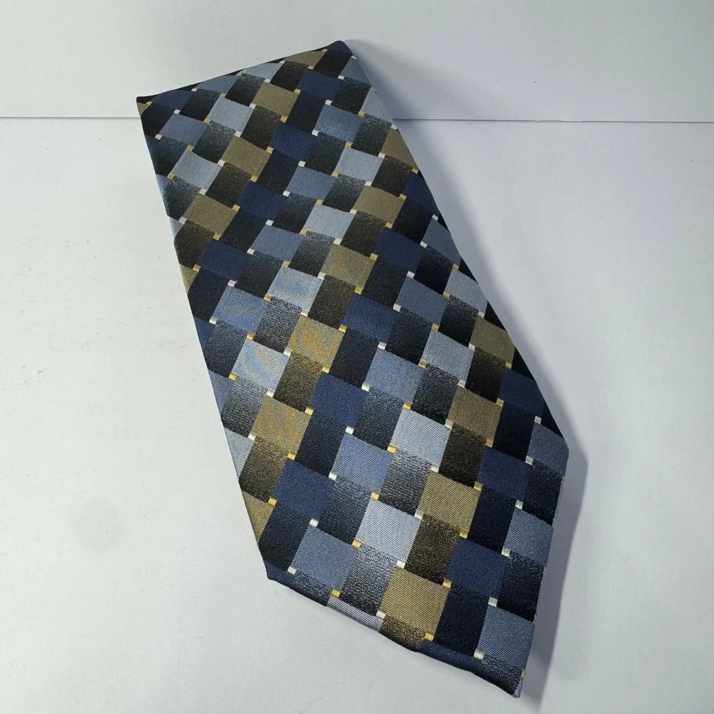 Dockers‎ Mens Necktie Blue Gold Gray Geometric Block Checkered Stain Resistant